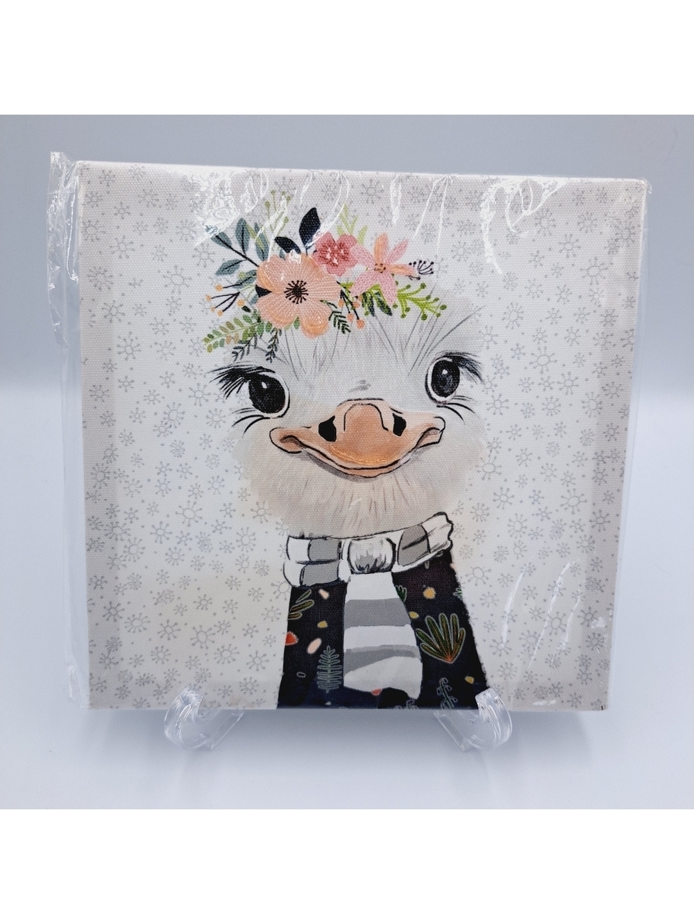 Cartoon Ostrich Cute Floral Accents Canvas Wall Art 8x8 Playroom Nursery Kawaii